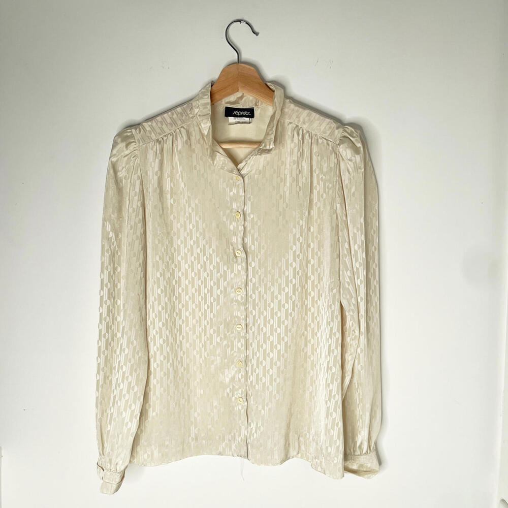 Seprets Vintage Cream Satin Blouse with Subtle Pattern